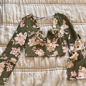 Zara Floral Long Sleeve Backless Tie Back Crop Top XS